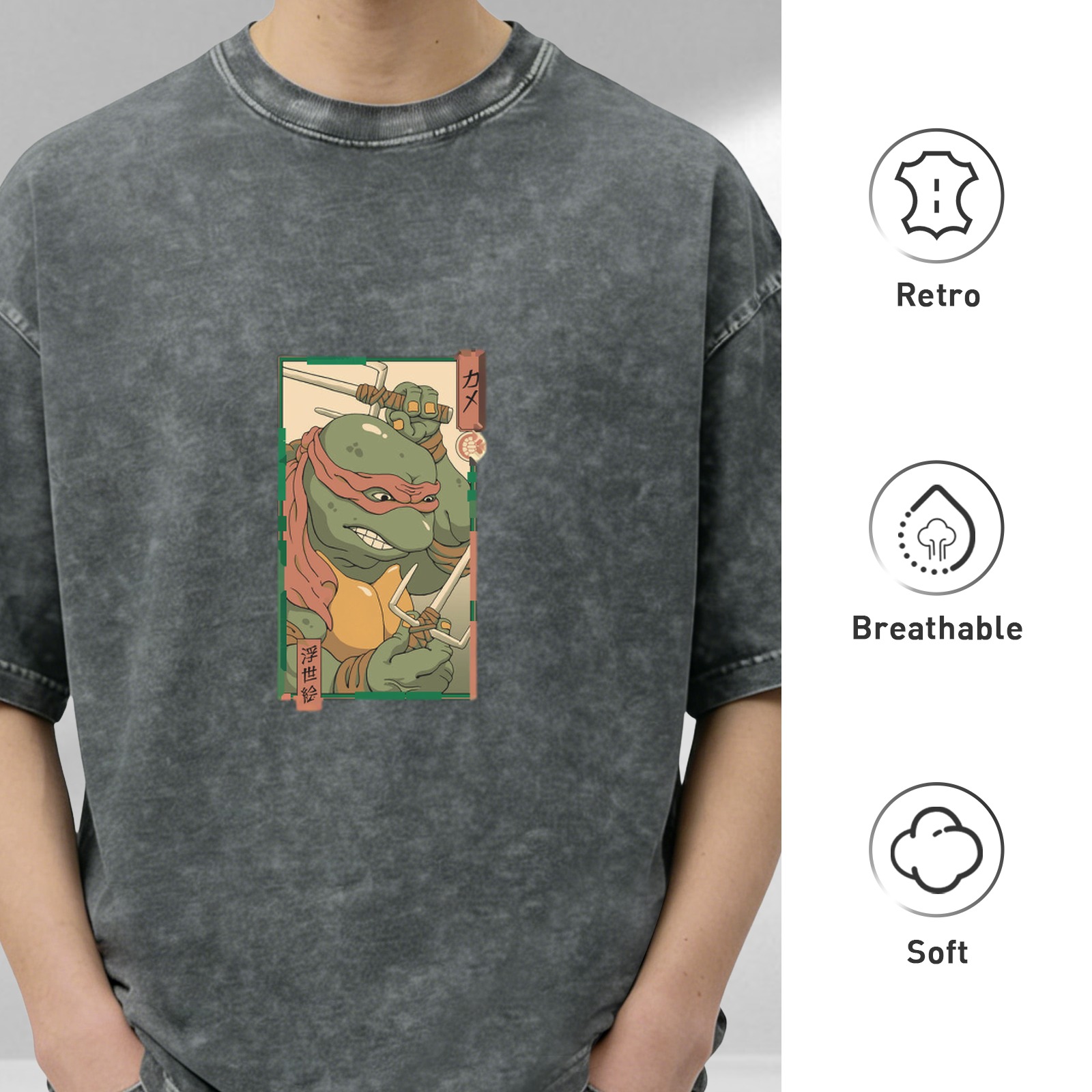 Washed Black T-Shirt with Raphael Ninja Turtle Ukiyo-e Style Print