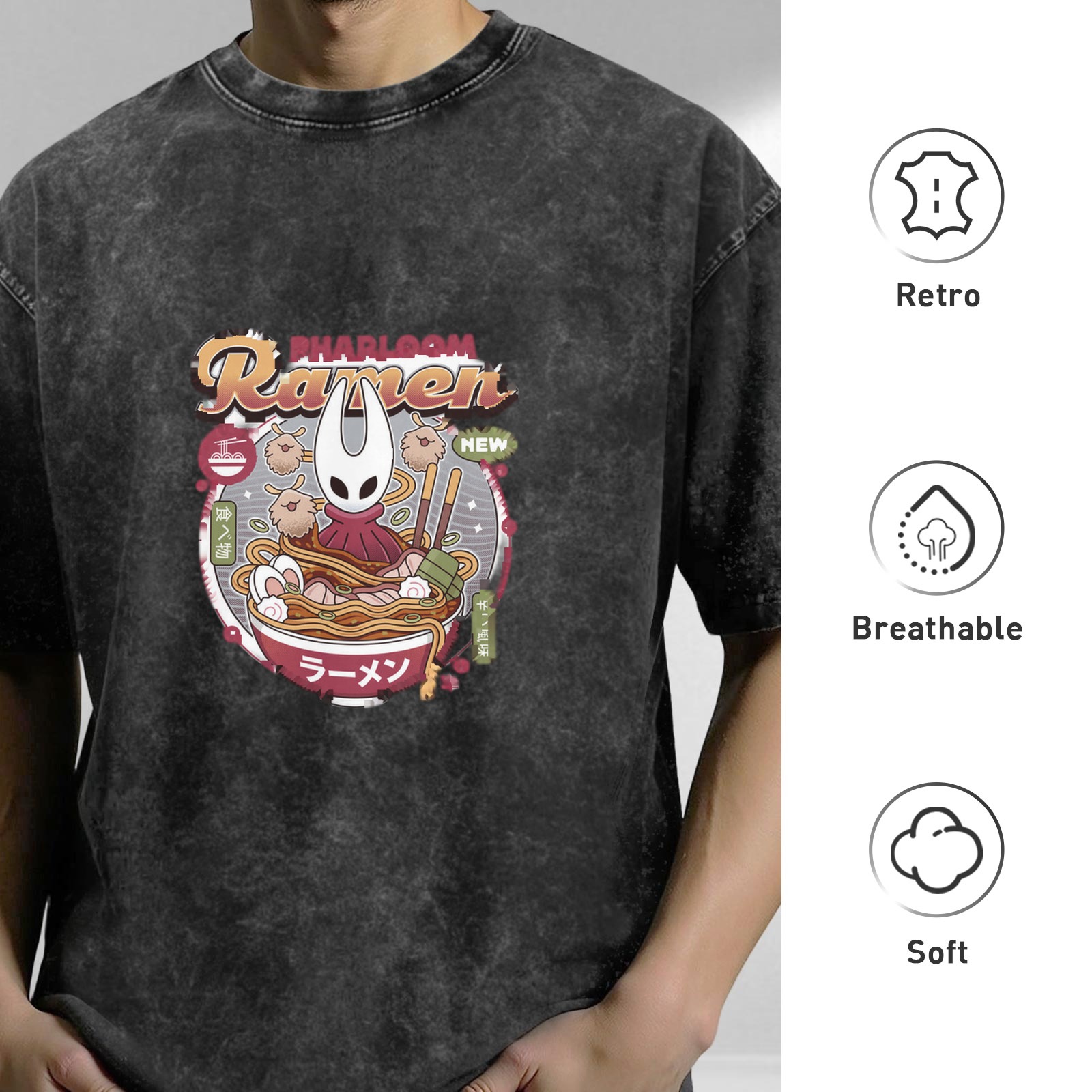 Oversized Acid Wash T-Shirt with Hollow Knight Ramen Graphic