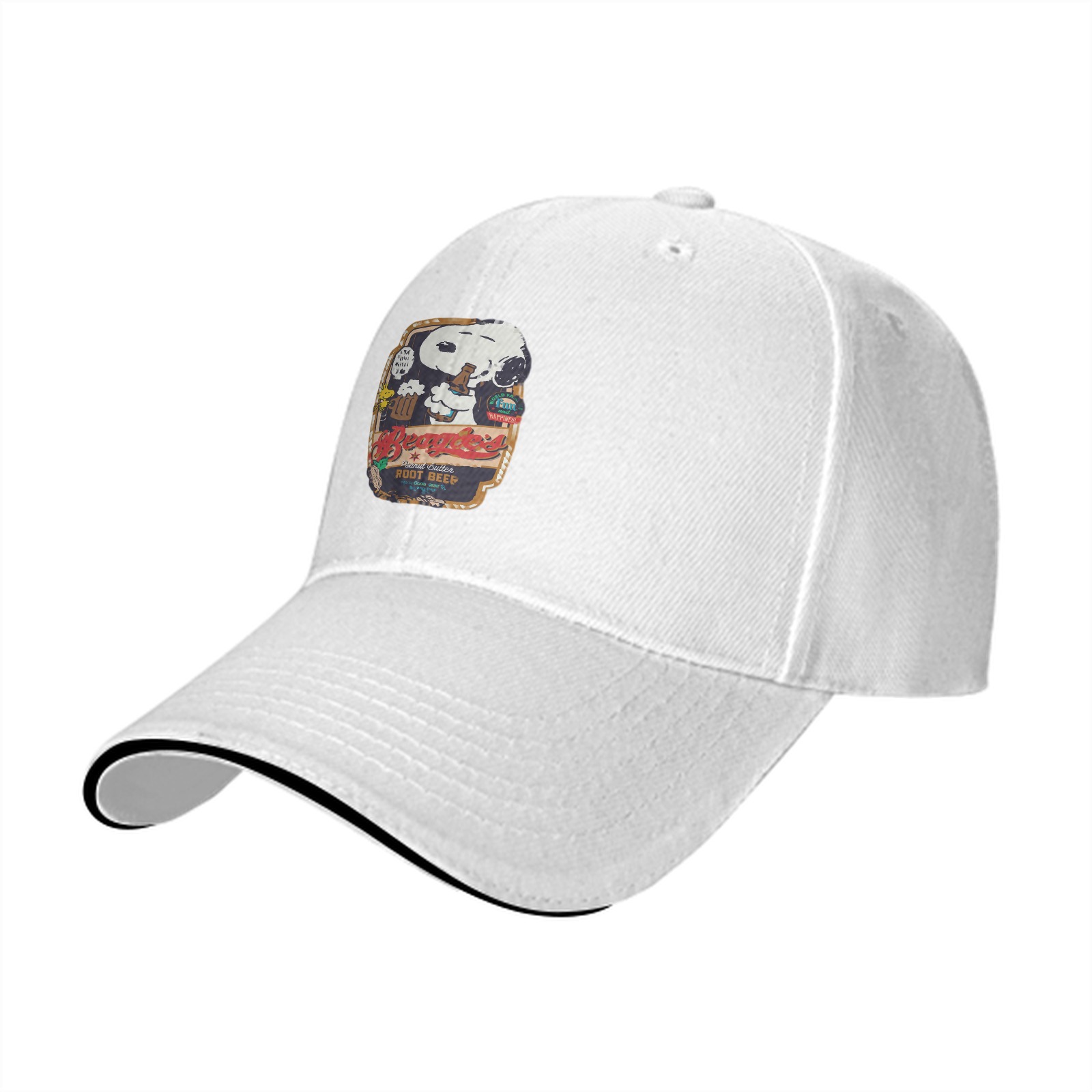 Black baseball cap with Snoopy root beer graphic print