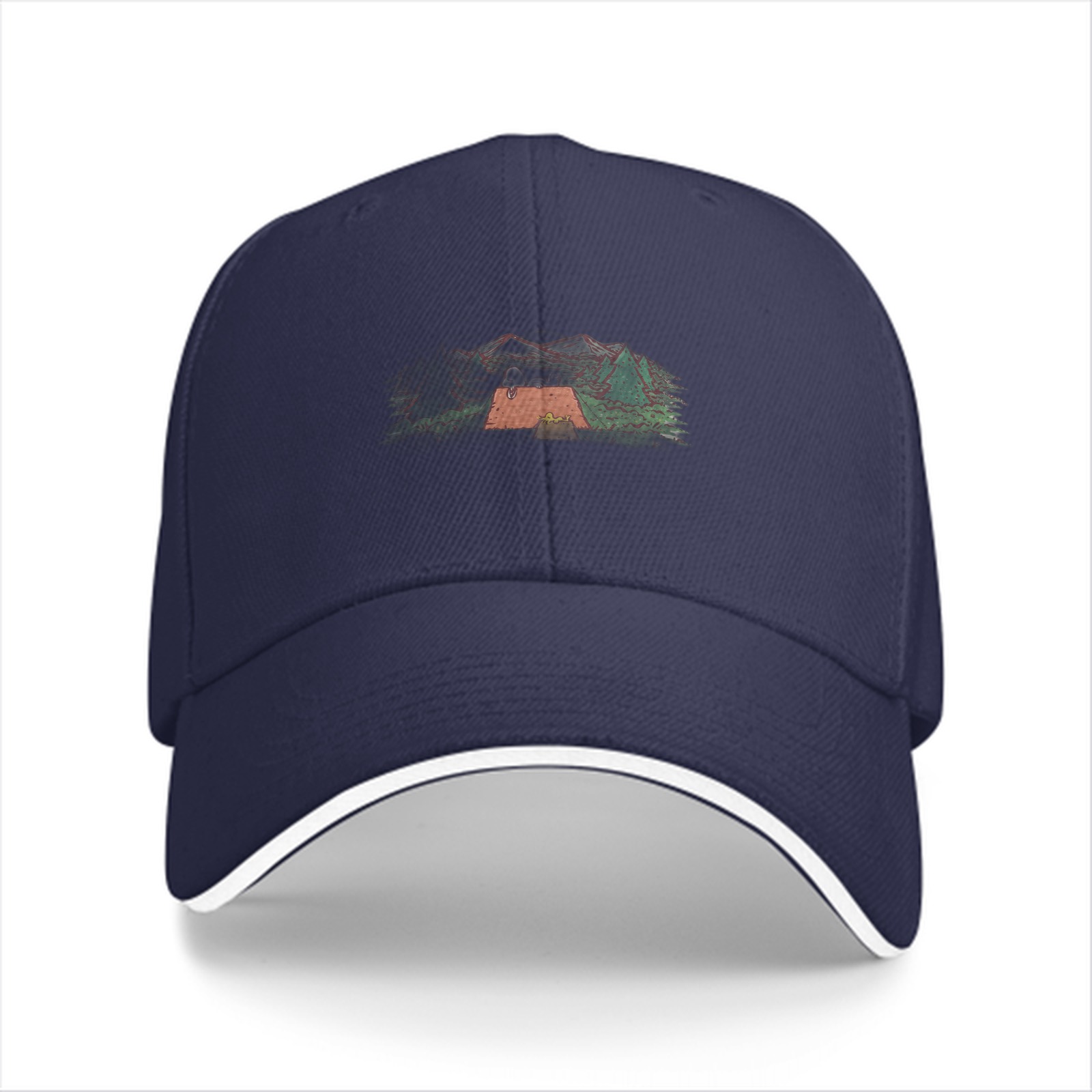 Black Baseball Cap with Camping Tent Mountain Graphic
