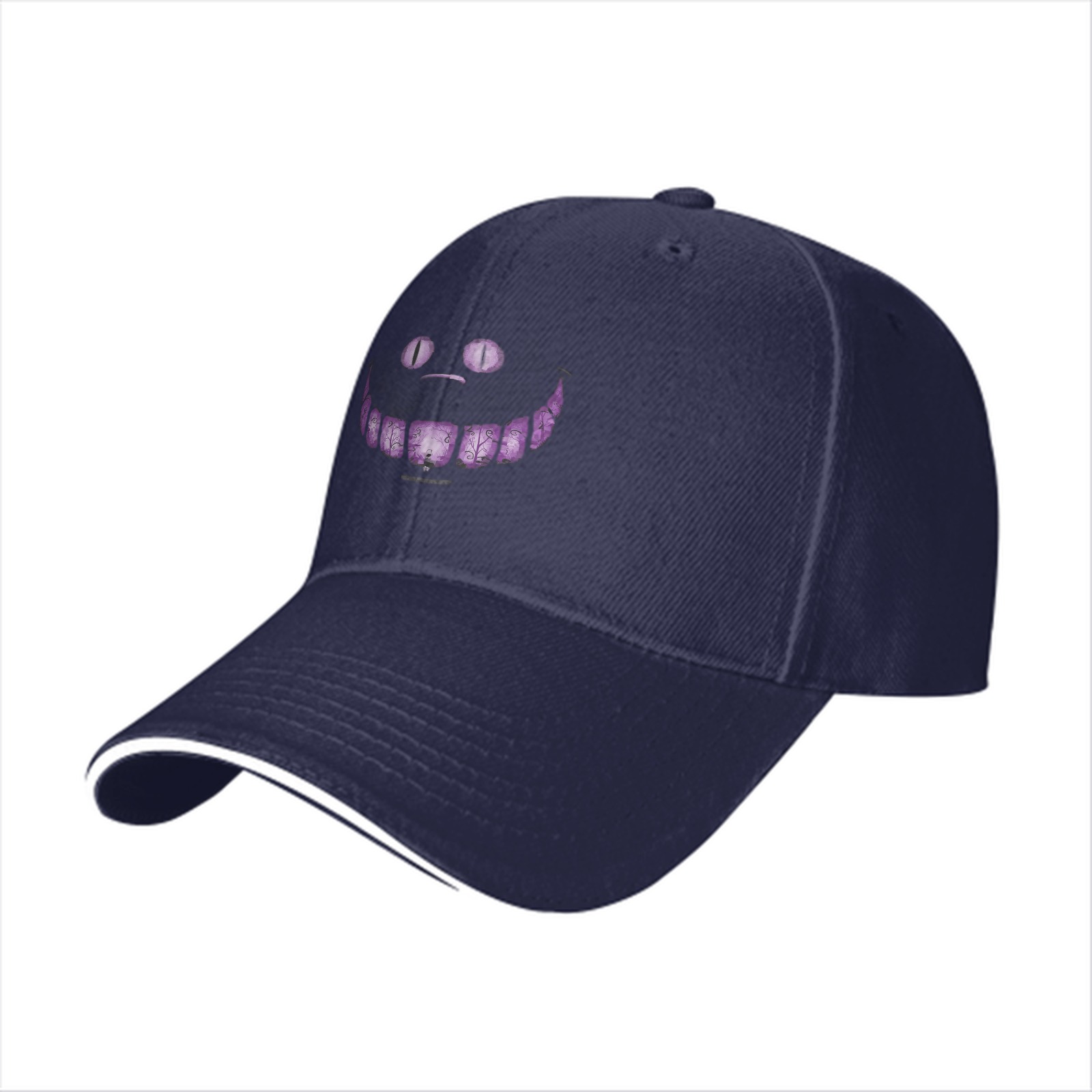 Black Baseball Cap with Cheshire Cat Purple Grin Print