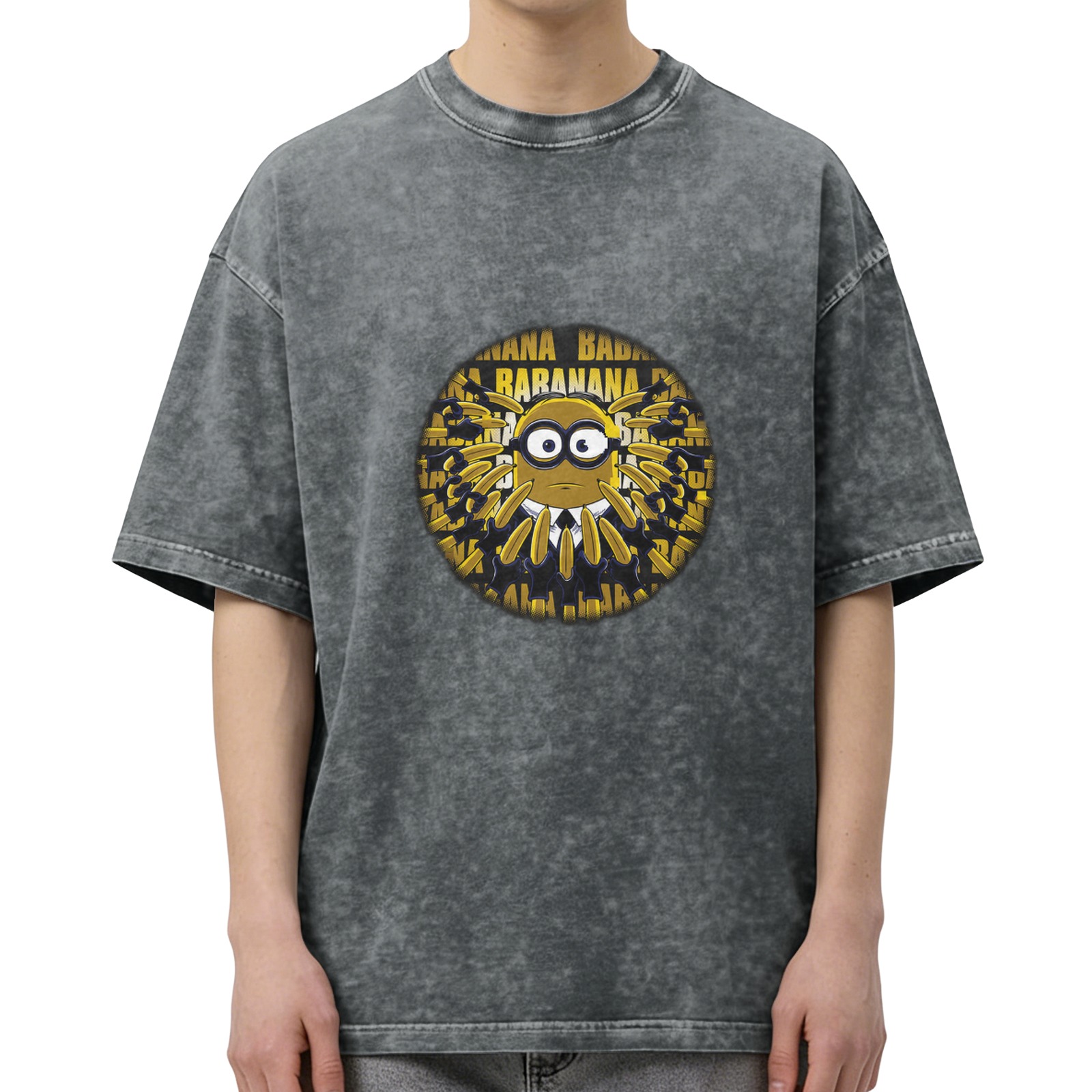 Washed Black Minion Banana Graphic Short Sleeve T-Shirt