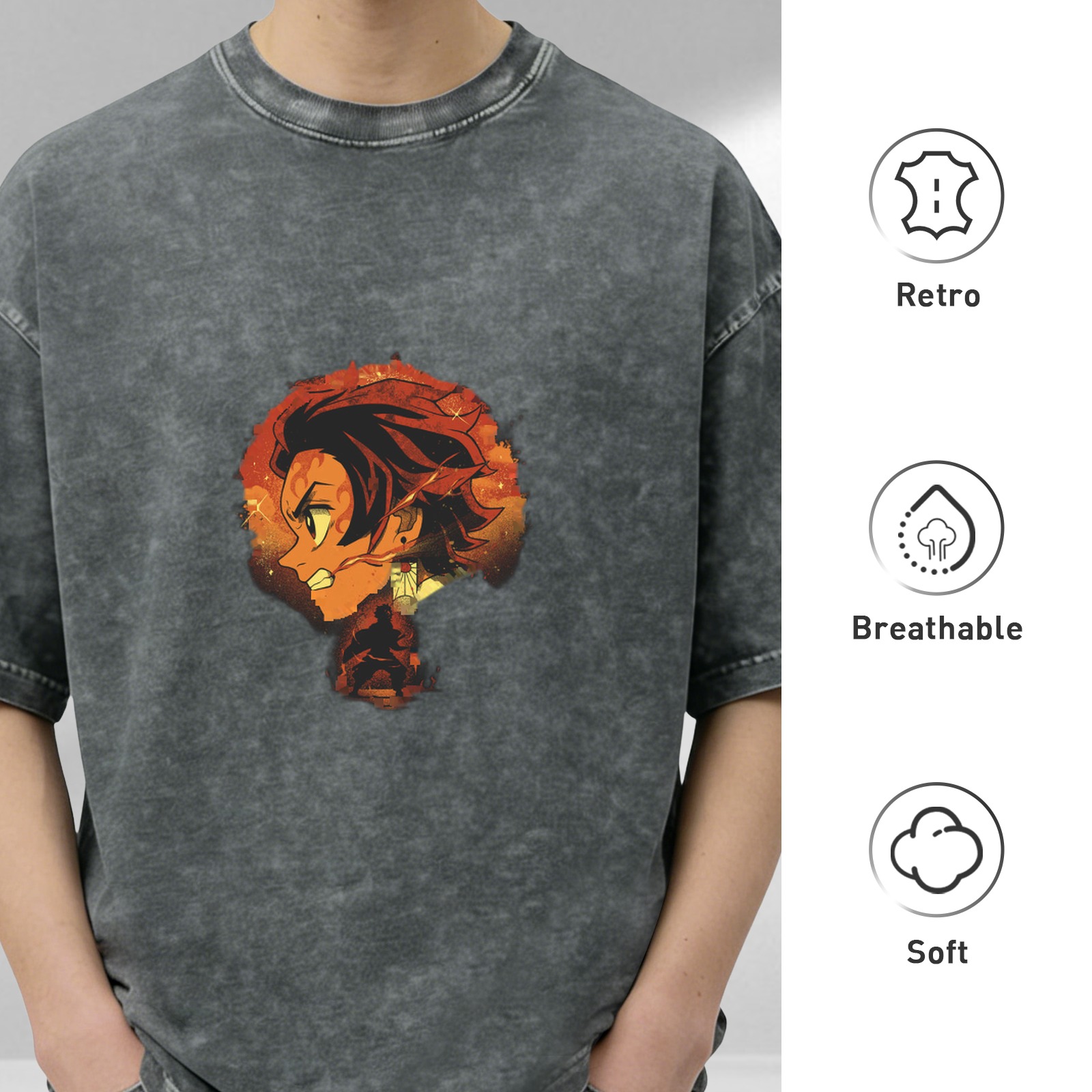 Oversized Washed Anime Demon Slayer T-Shirt with Fire Character Print