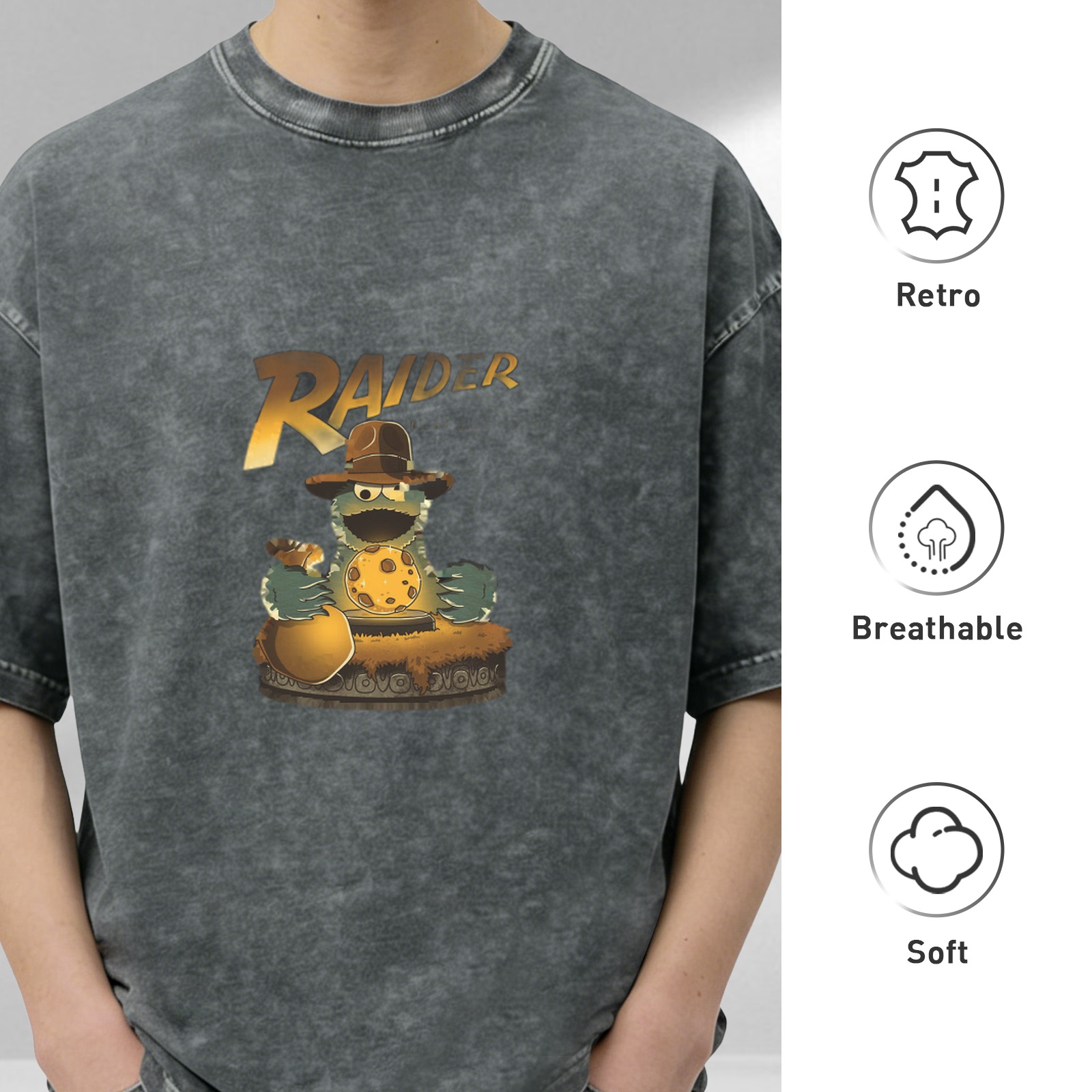 Washed black t-shirt with Cookie Monster Raiders graphic print