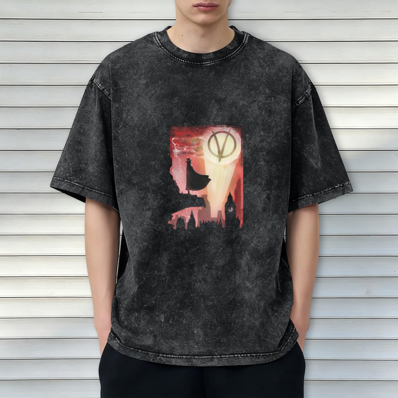 V for Vendetta themed graphic washed black short sleeve t-shirt