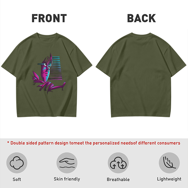 Olive T-Shirt With Abstract Neon Portrait Graphic