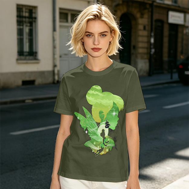 Olive T-shirt with fairy silhouette graphic design