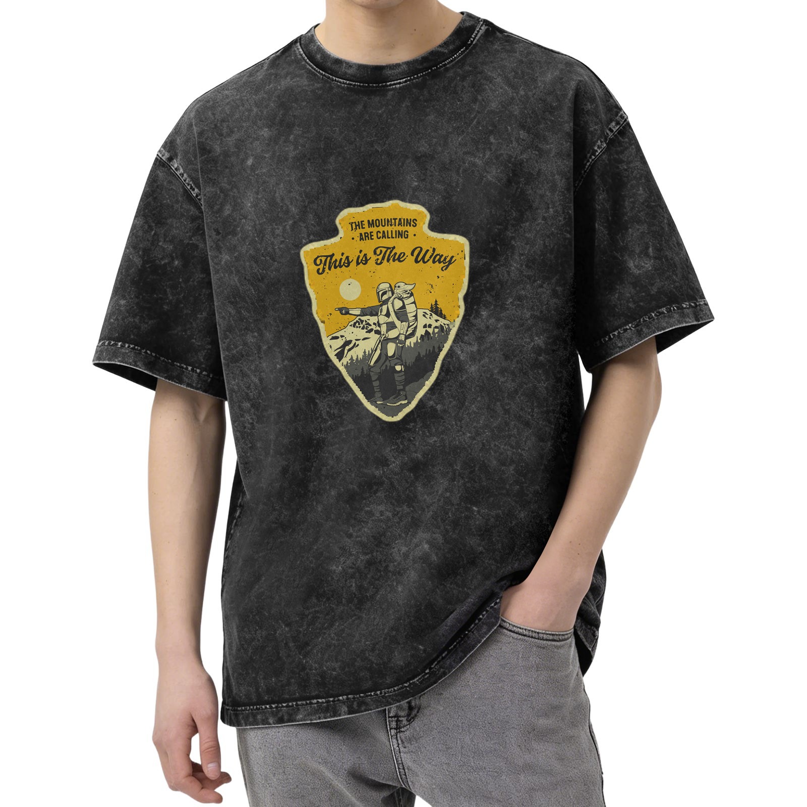 Distressed washed black short-sleeved T-shirt Mandalorian themed outdoor mountaineering print Loose round neck top