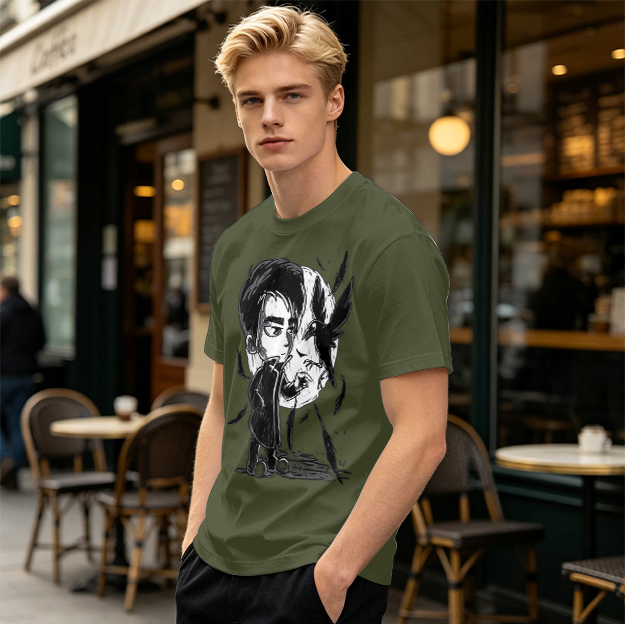 Olive T-Shirt with Chibi Dark Character and Crow Print