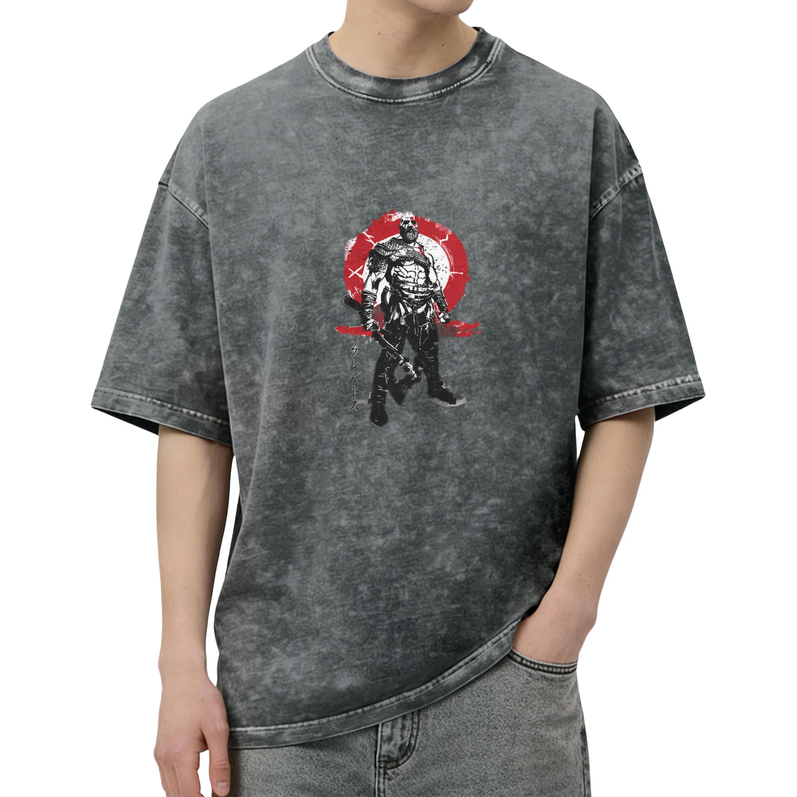 Washed Black Graphic T-Shirt with Warrior Figure Print