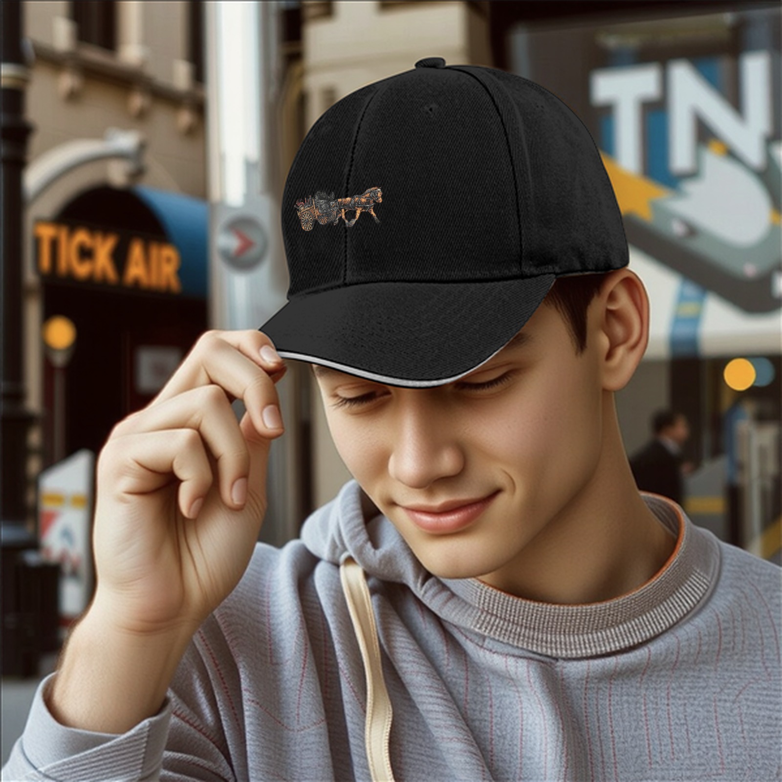 Black Baseball Cap With Horse Drawn Carriage Graphic