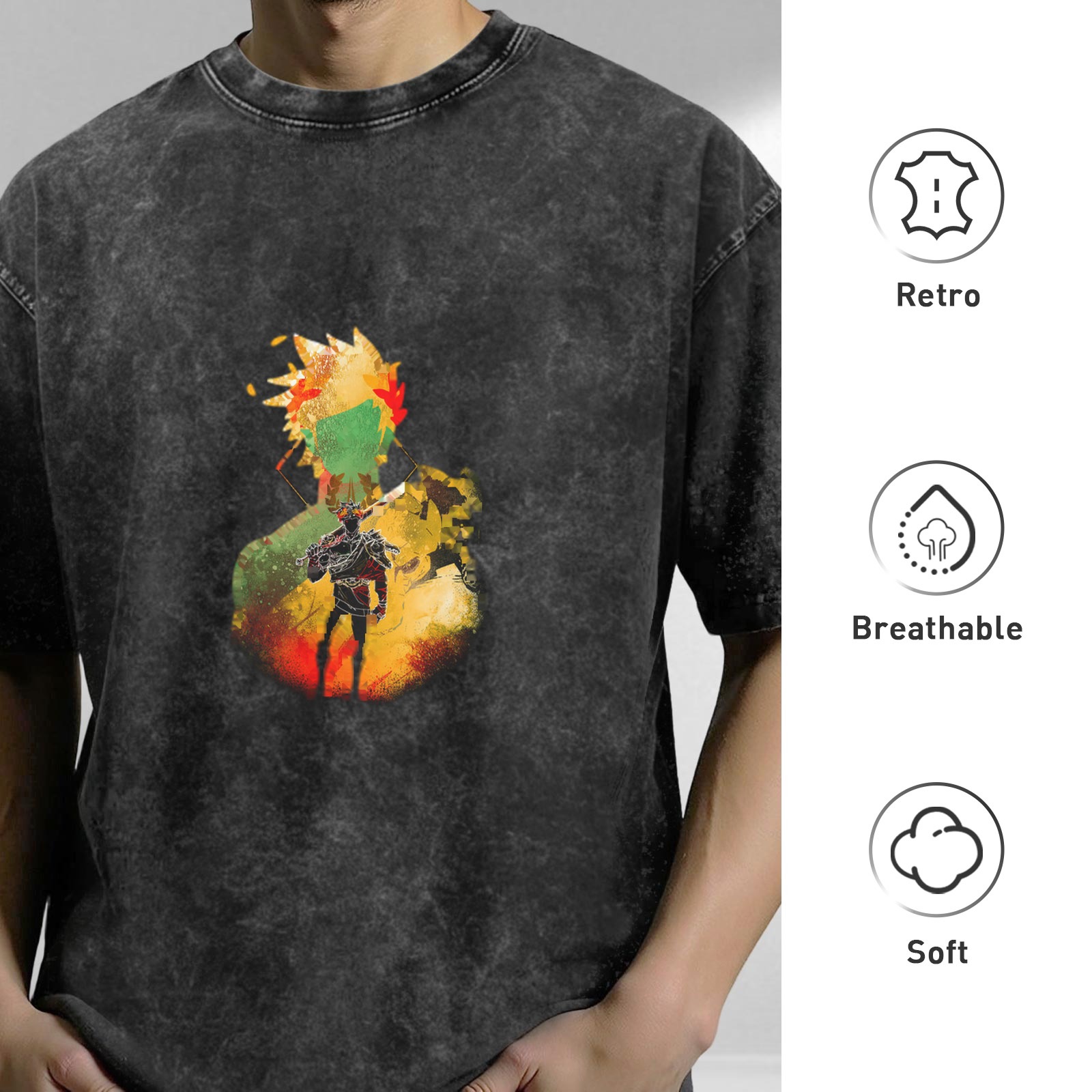 Oversized Acid Wash T-Shirt with Anime Warrior Graphic Print