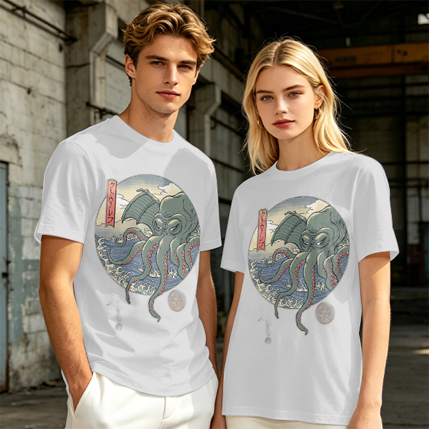 Olive T-shirt with Ukiyo-e Style Cthulhu Octopus Print