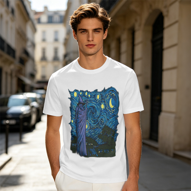 Olive T-Shirt with Wizard Starry Night Art Print