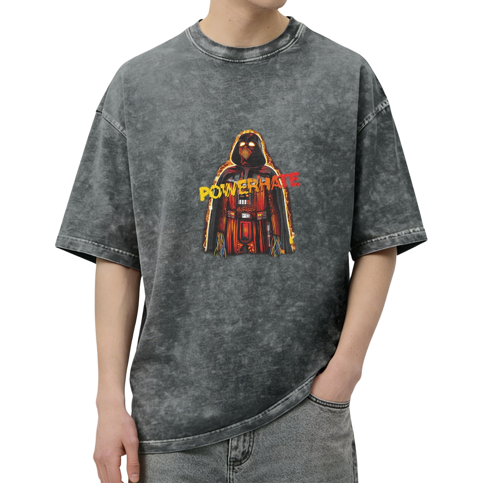 Washed black graphic t-shirt with Darth Vader style 'POWERHATE' print