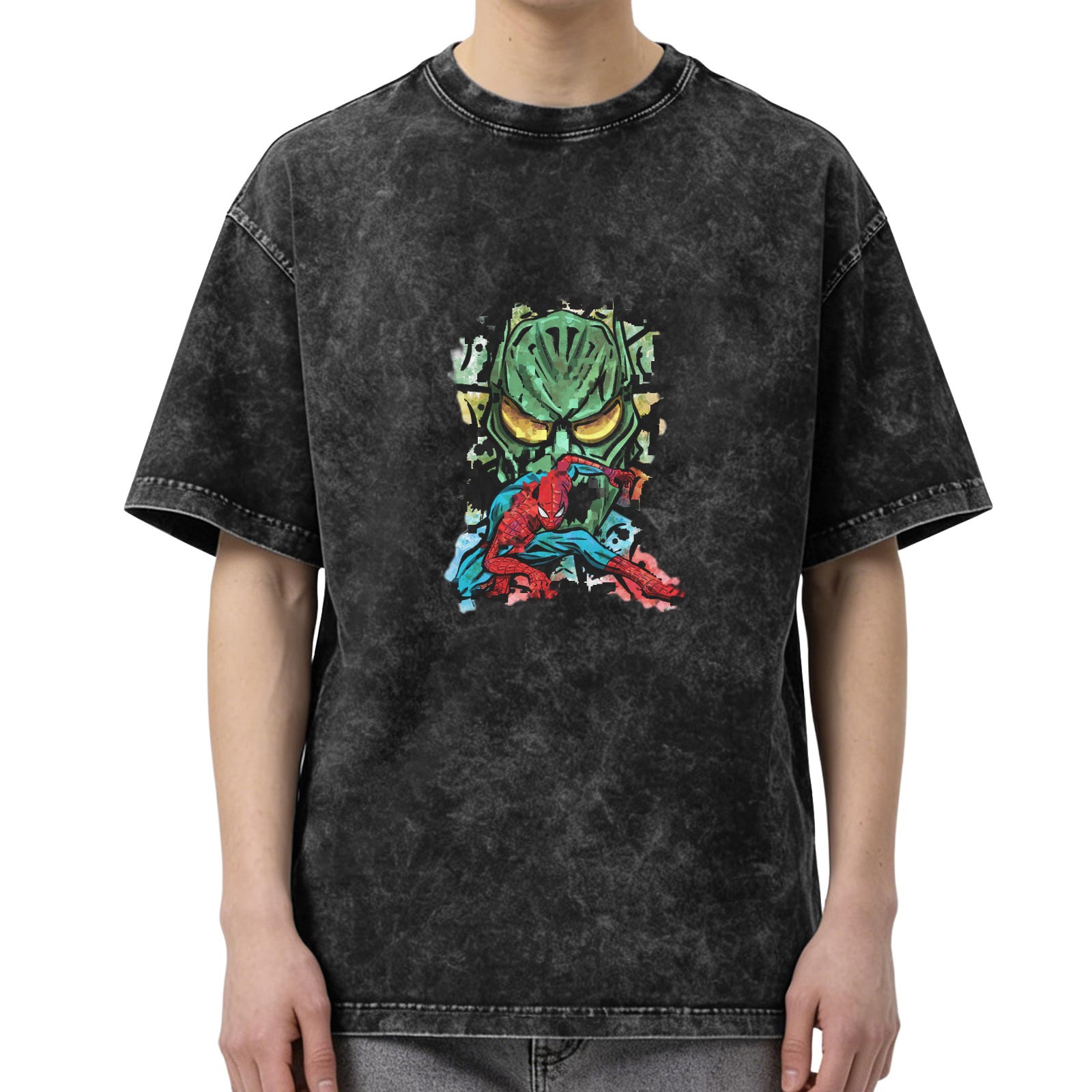 Oversized Acid Wash T-Shirt with Spider-Man vs Green Goblin Art
