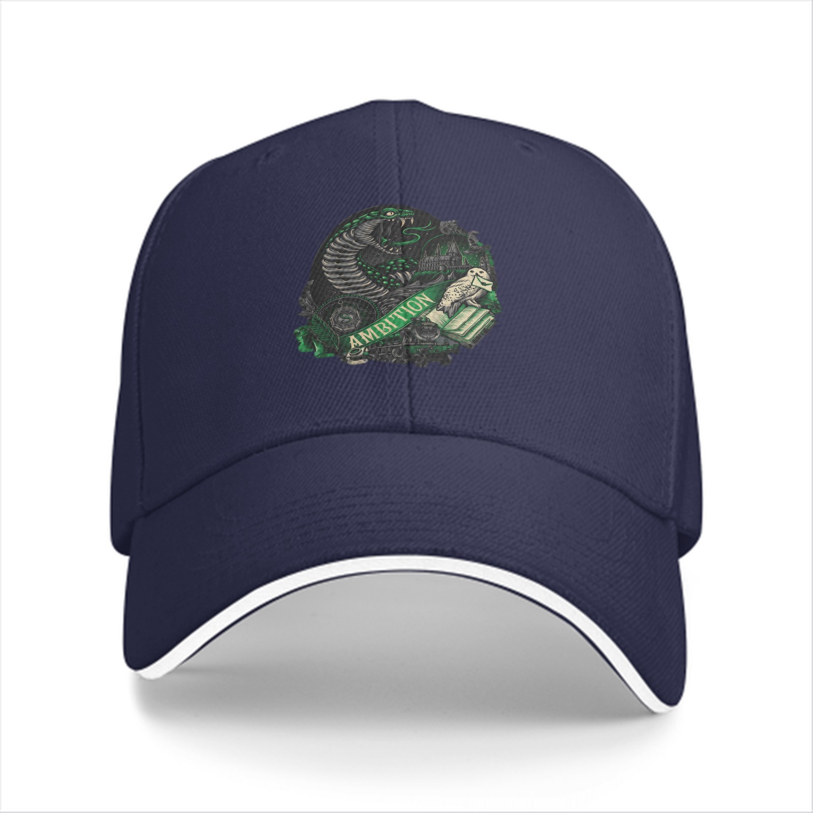 Black Baseball Cap With Slytherin Ambition Snake Crest Design
