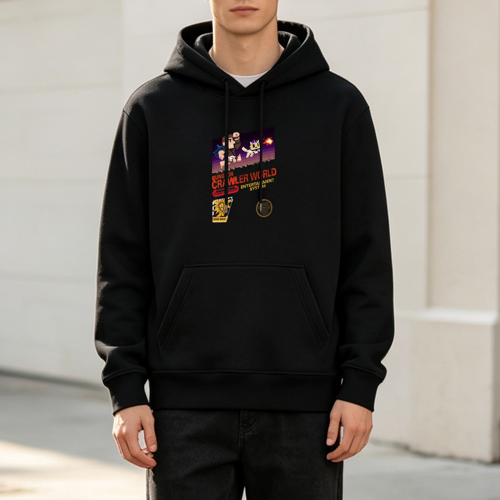 Black hoodie with retro pixel game art print