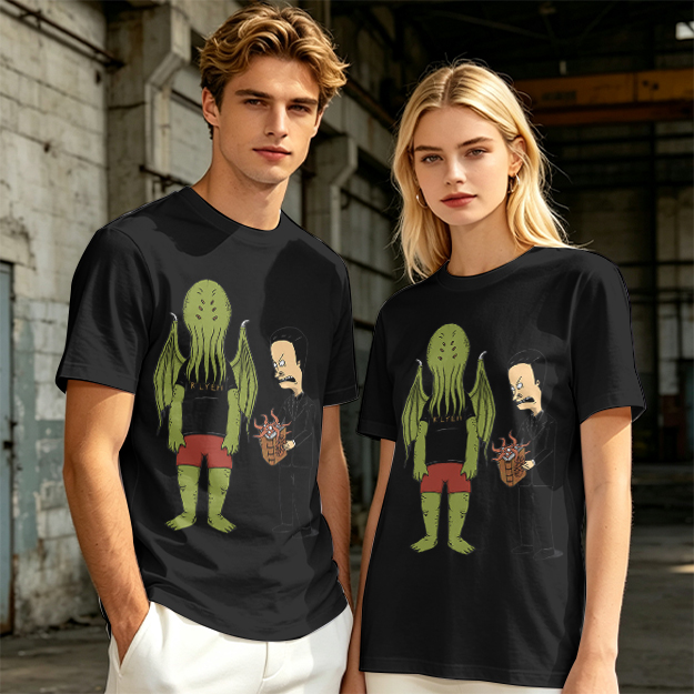 Olive T-Shirt Featuring Cthulhu and Beavis in Suits Graphic