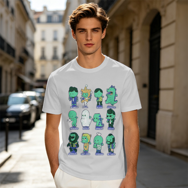 Olive Green T-Shirt With Cute Green Alien Character Print