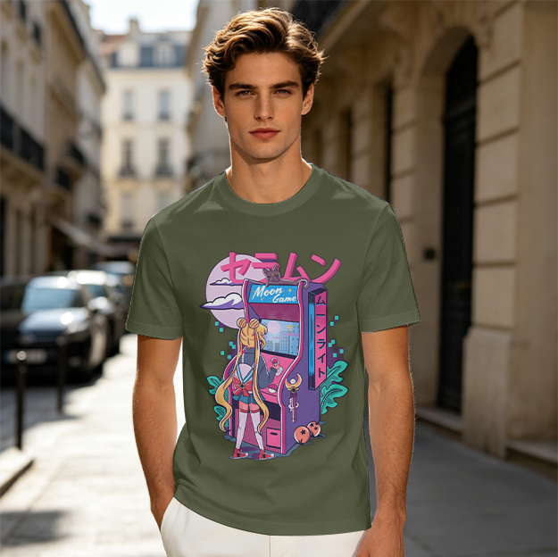 Anime girl playing moon arcade game graphic tee