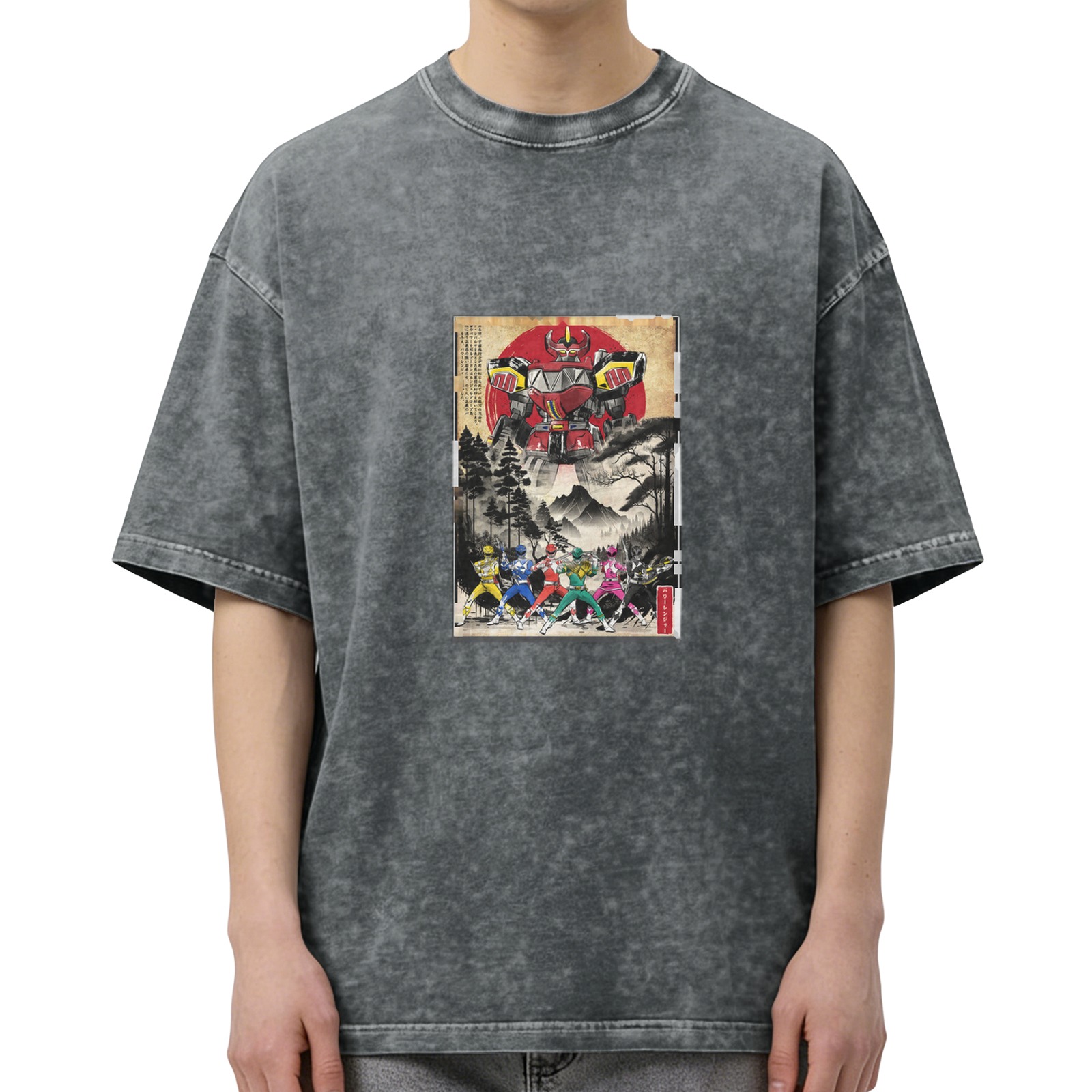 Retro washed black short-sleeved T-shirt Japanese Ukiyo-e style Super Sentai pattern Loose casual distressed top