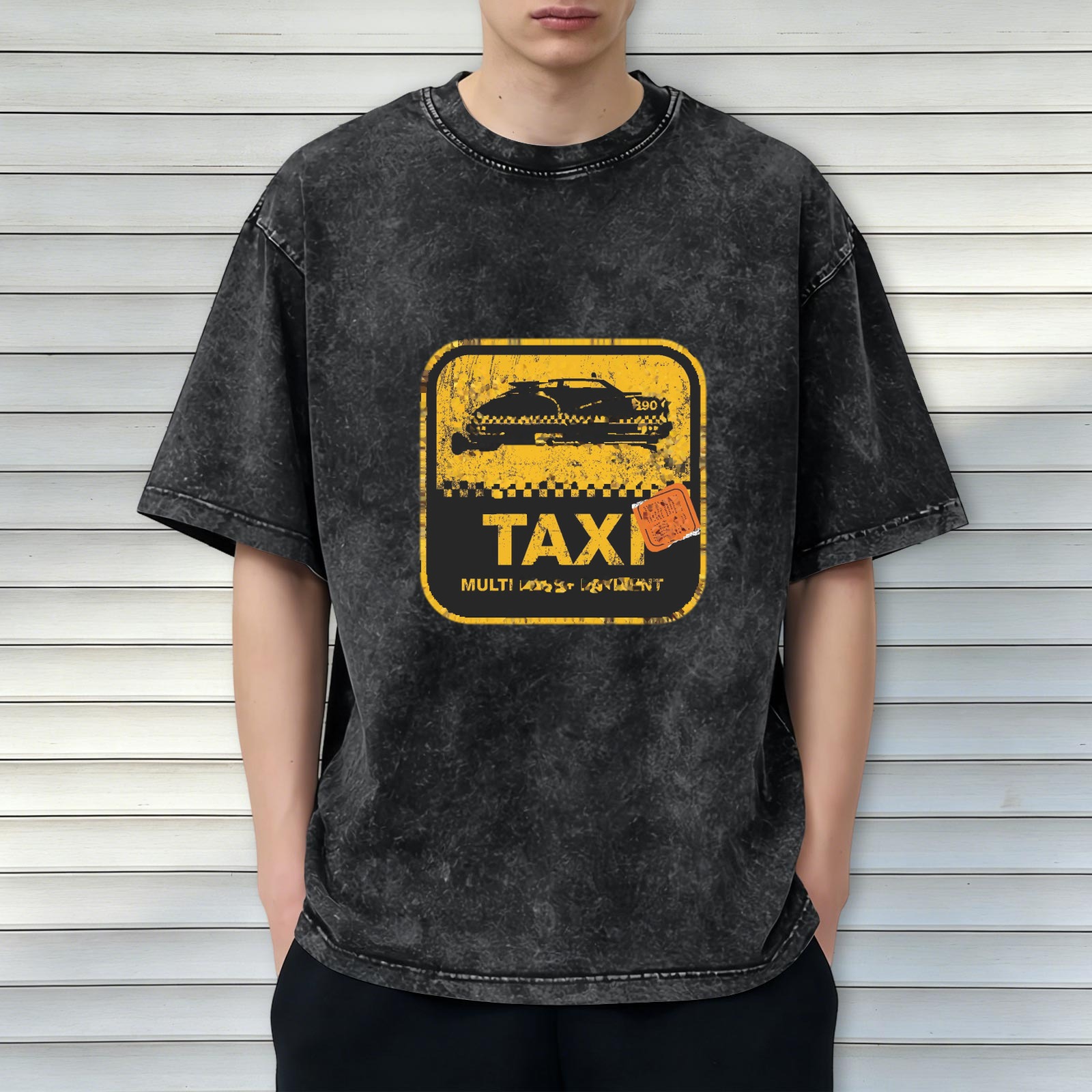 Distressed washed black Taxi theme printed short-sleeved T-shirt loose style