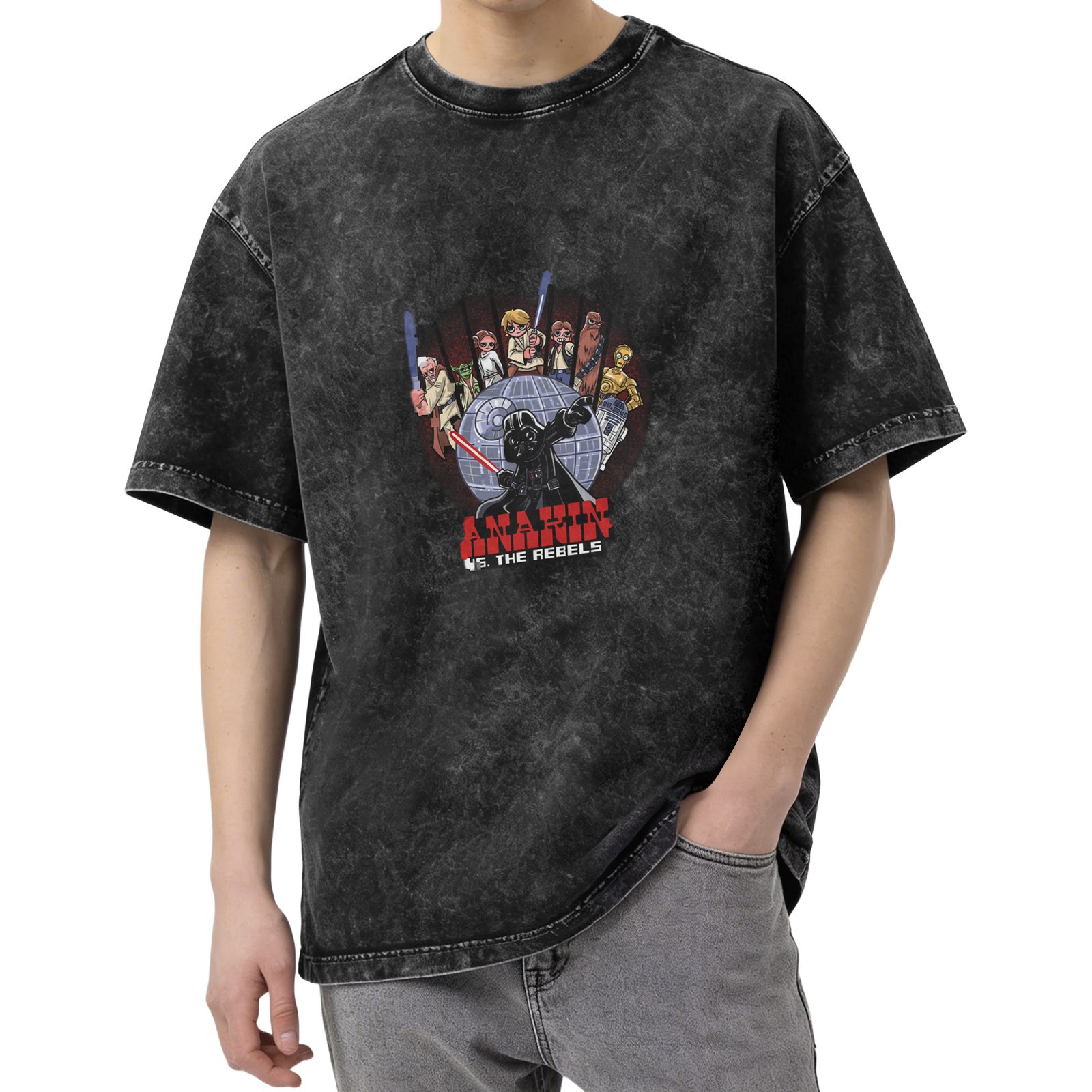 Star Wars themed washed distressed short-sleeved T-shirt Anakin vs Rebels printed casual top