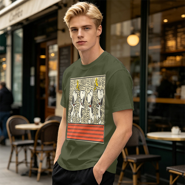 Olive T-shirt with dancing Snoopy and Woodstock graphic print