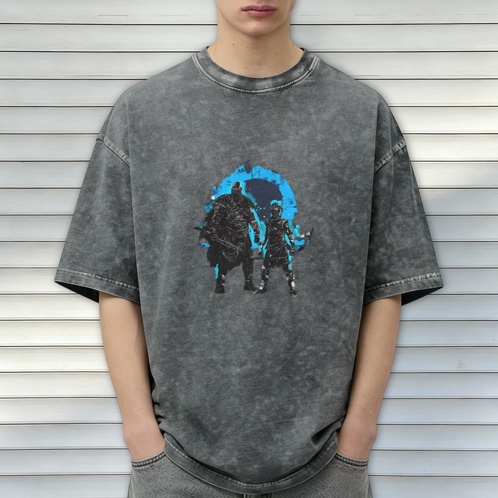 Washed Black Graphic T-Shirt with Fantasy Warrior Characters