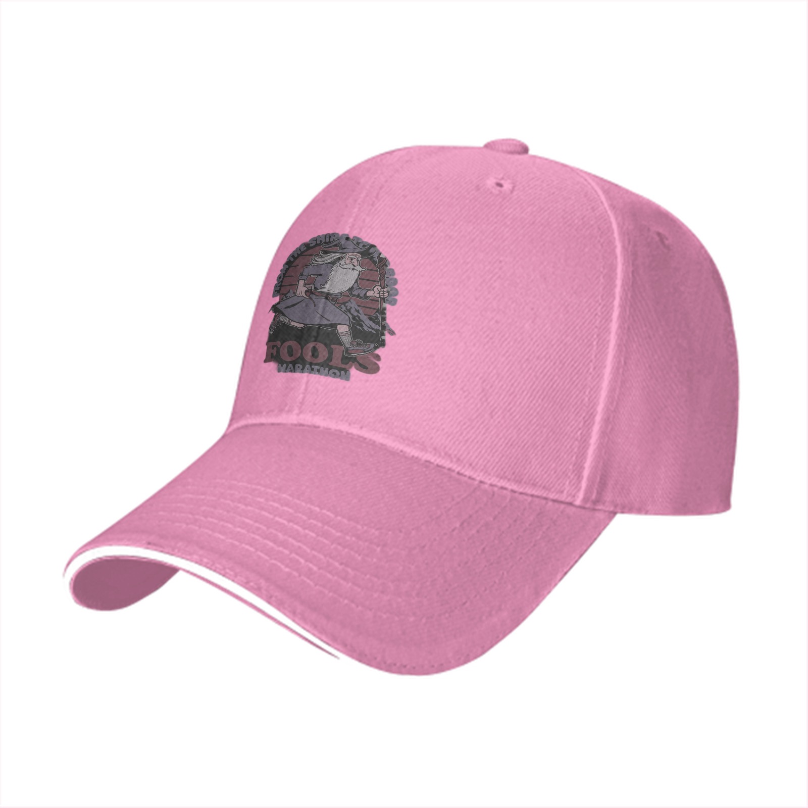 Black baseball cap with 'Fools Marathon' wizard graphic print