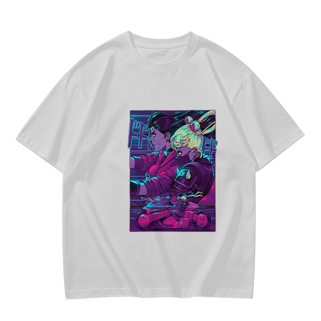 Olive T-shirt with Neon Cyberpunk Anime Character Print