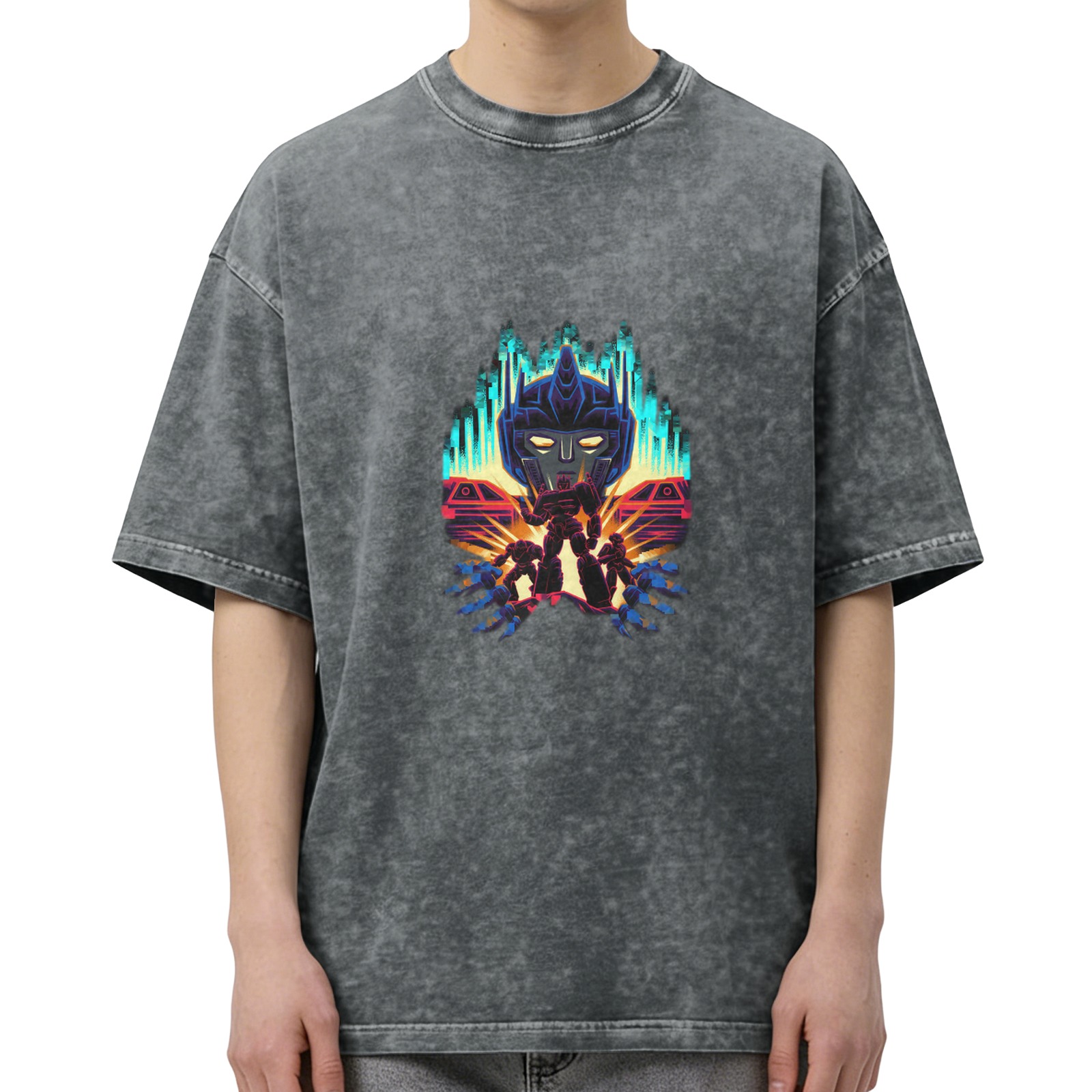 Distressed washed black Optimus Prime robot graphic short-sleeved T-shirt