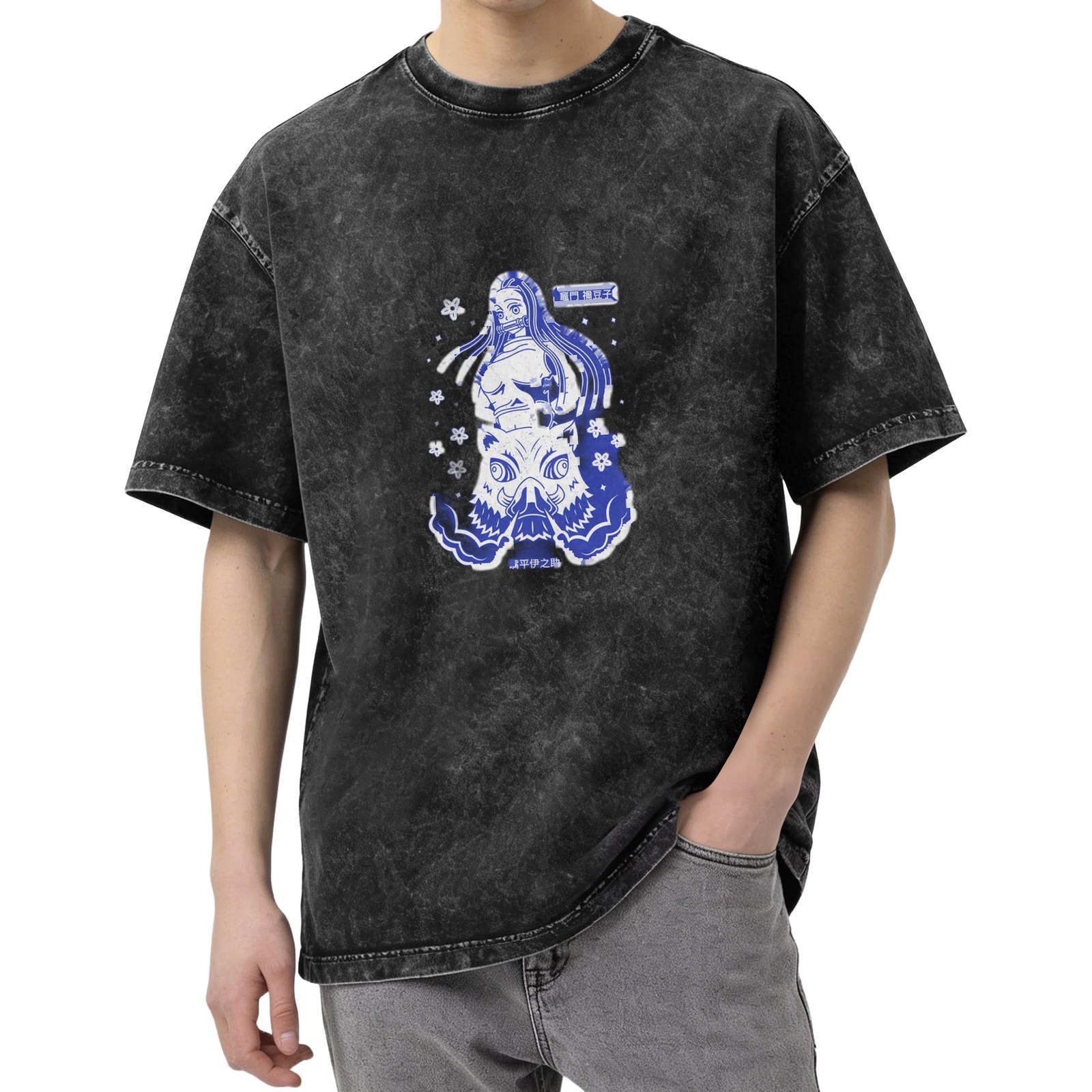 Anime Graphic Dark Wash Oversized T-Shirt