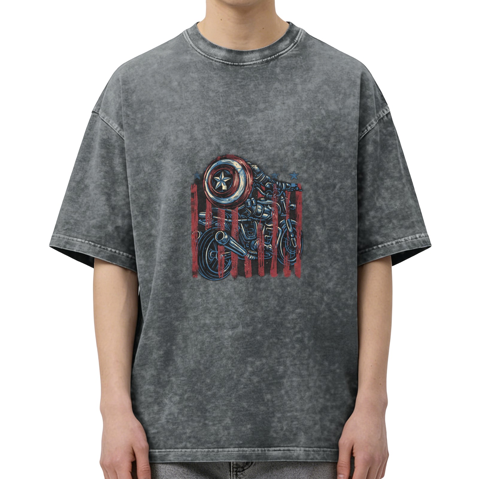 Washed Black T-Shirt with Captain America Shield Motorcycle Graphic