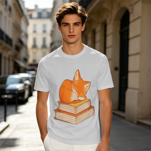 Olive T-Shirt With Sleeping Fox On Stacked Books Print