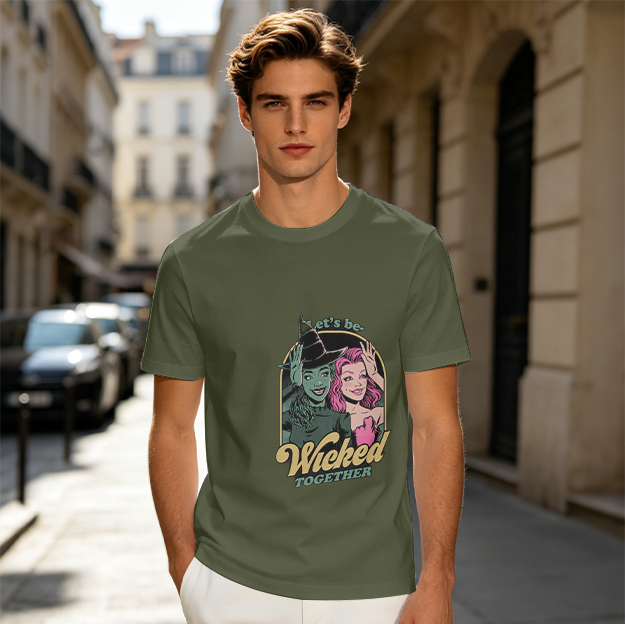 Olive Graphic T-Shirt Featuring Wicked Themed 'Let's Be Wicked Together' Art