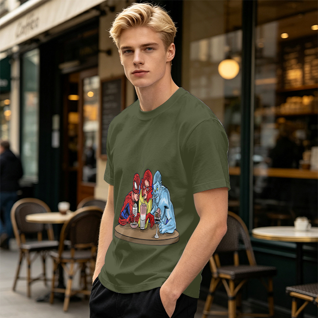 Olive T-Shirt With Superhero Characters Sharing Drinks Print