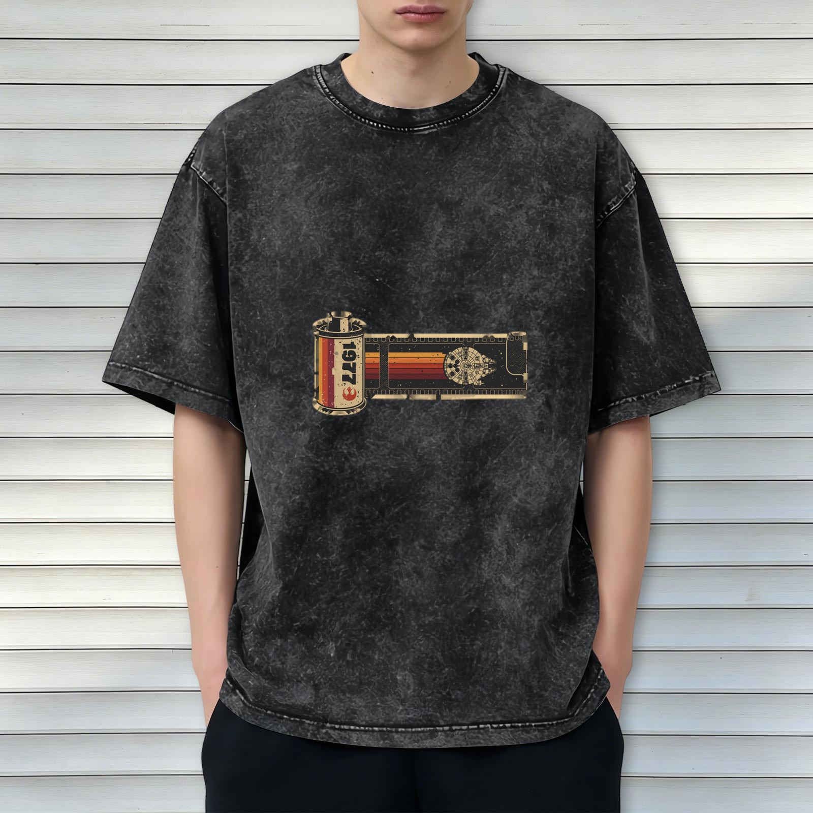 Oversized Acid Wash T-Shirt with 1977 Film Reel Graphic