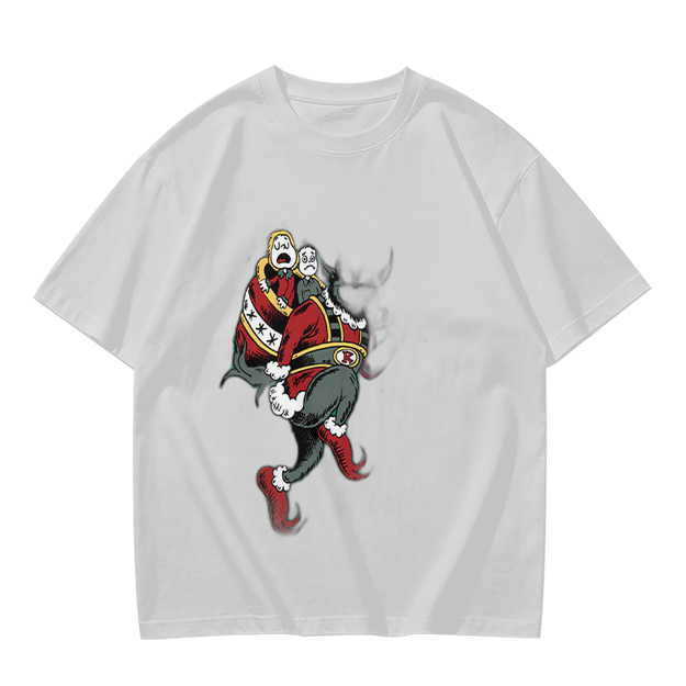 Olive T-shirt with distressed cartoon Santa Claus graphic