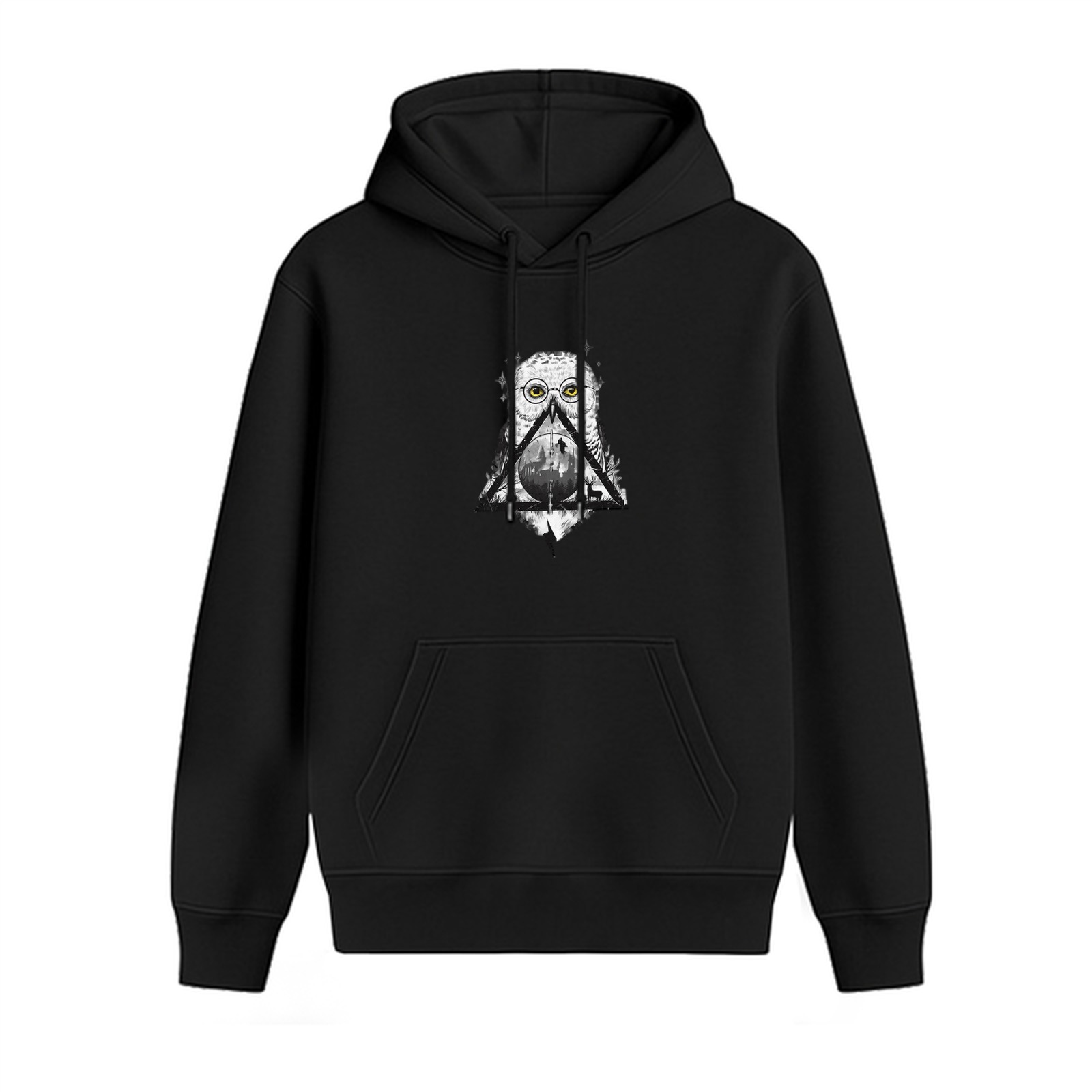 Black Hoodie With Owl And Deathly Hallows Symbol Print