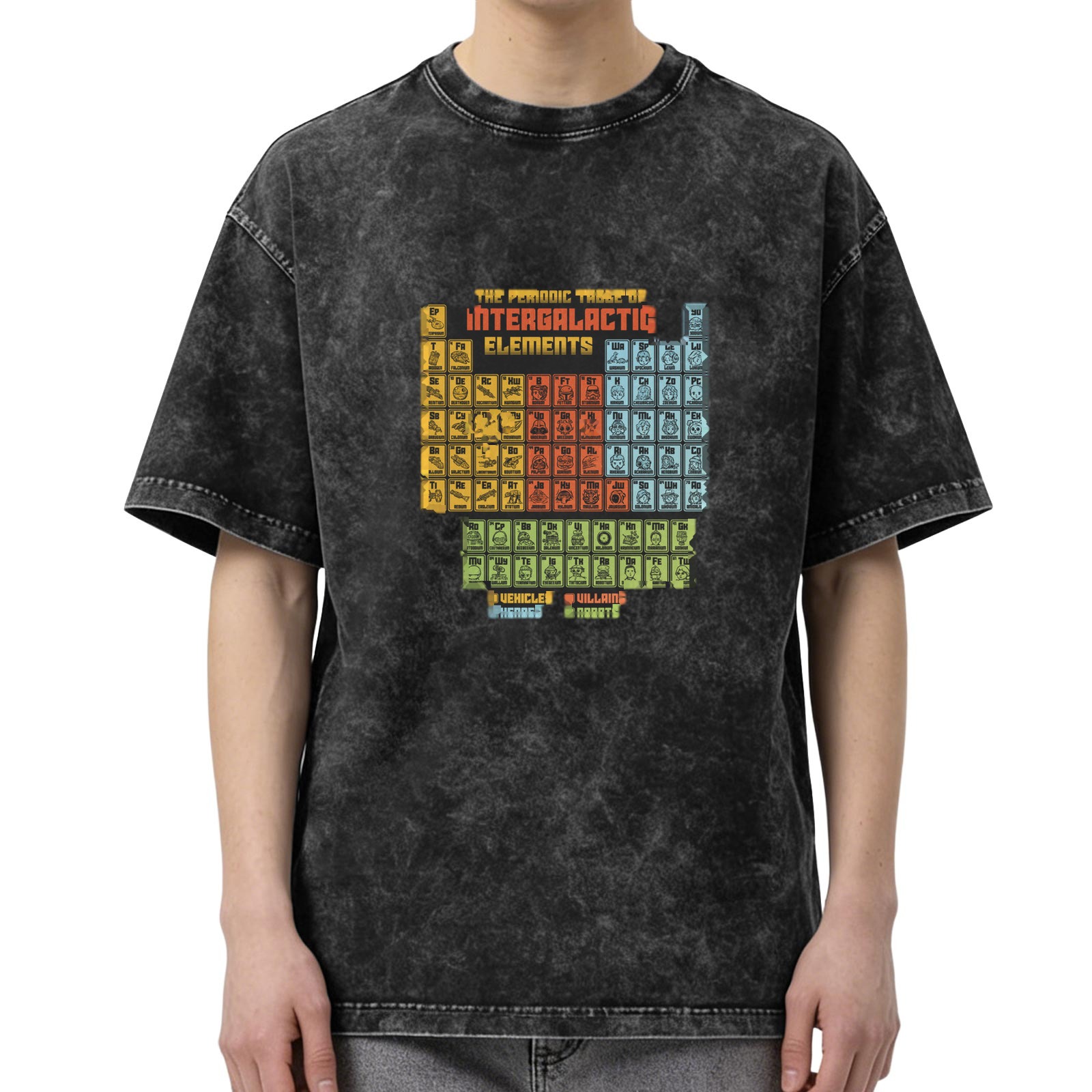 Retro washed black interstellar periodic table themed print loose short-sleeved T-shirt