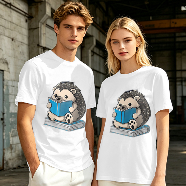 Olive T-shirt with Cute Hedgehog Reading a Book Graphic