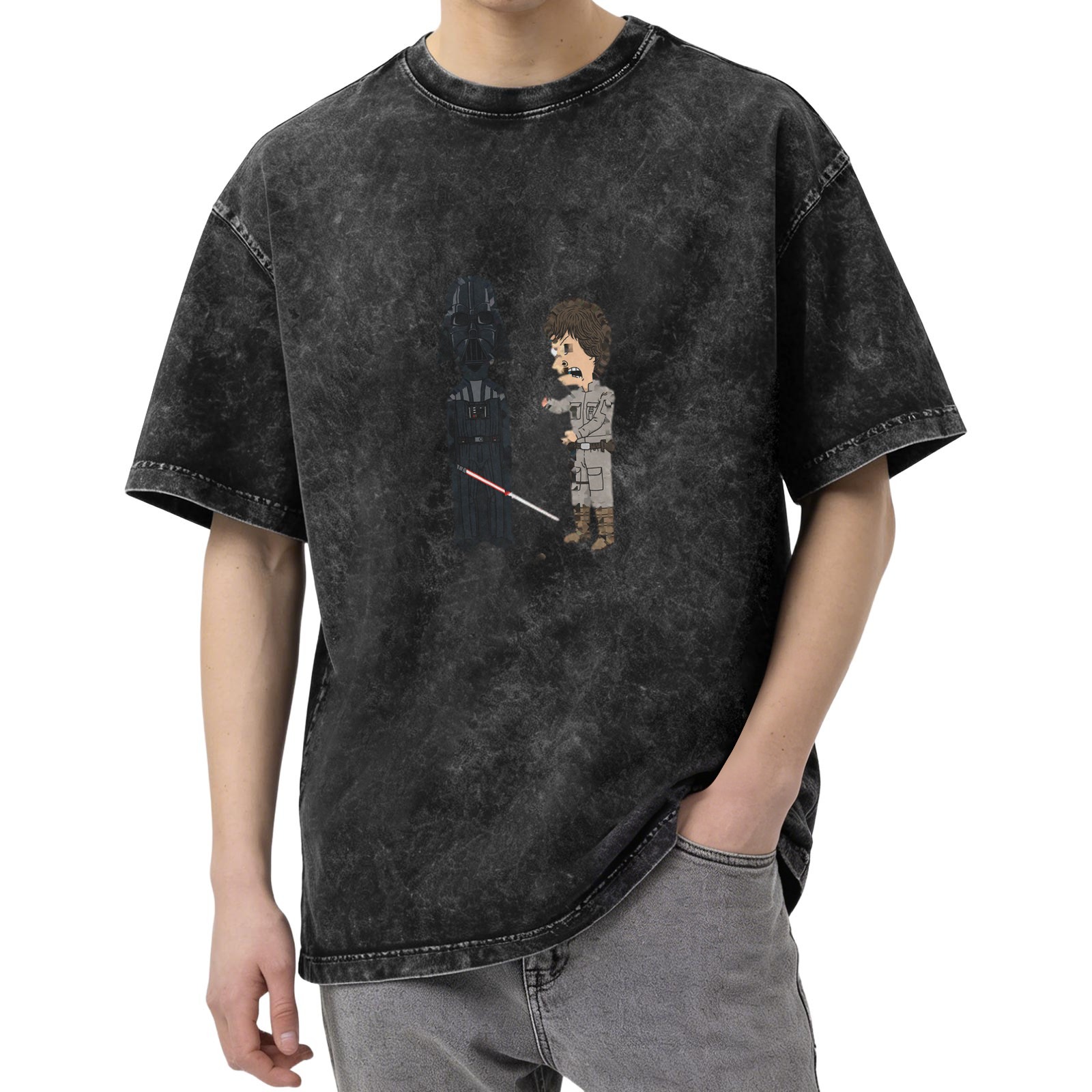 Washed Black T-Shirt with Cartoon Star Wars Darth Vader and Luke Design