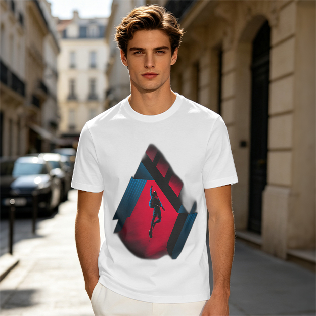 Olive T-shirt with Spider-Man mid-swing over city buildings