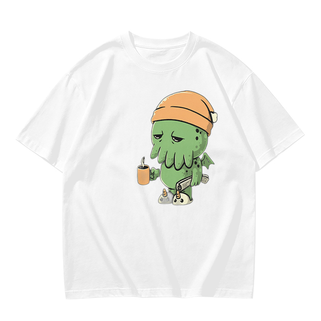 Olive T-Shirt With Sleepy Cthulhu Holding Coffee And Phone