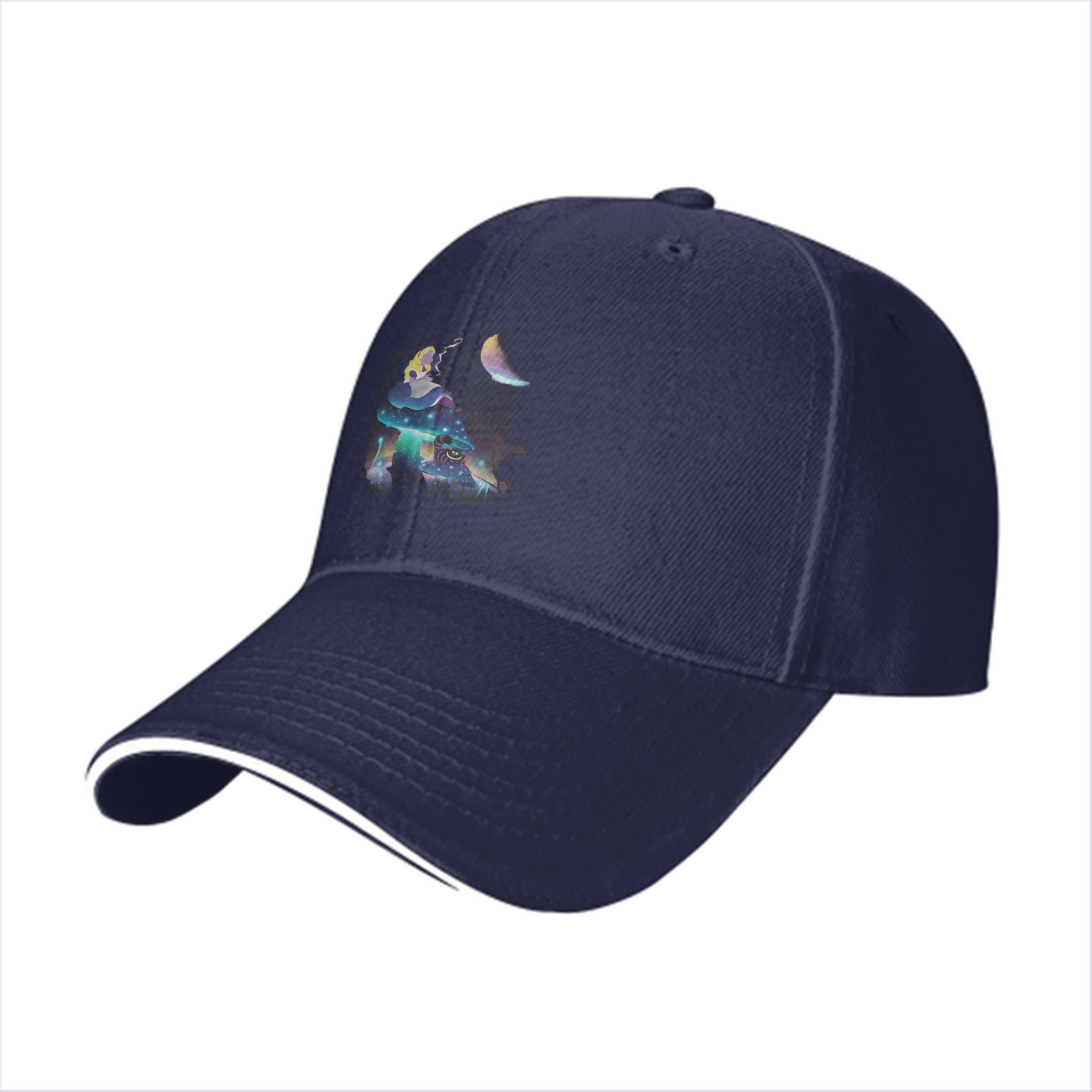 Black Baseball Cap With Mystical Mushroom Moon Artwork