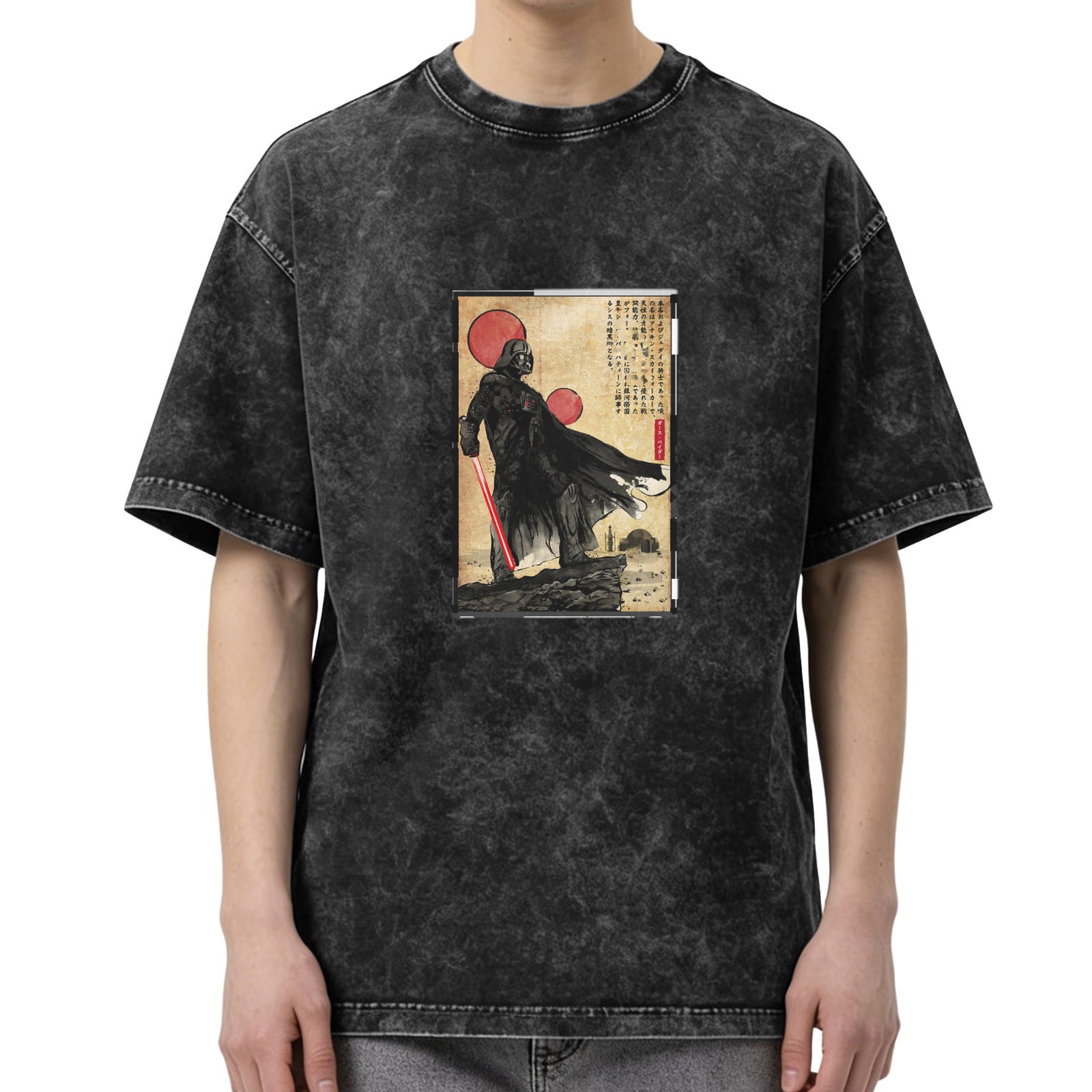 Distressed washed black loose short-sleeved T-shirt Japanese Ukiyo-e style Darth Vader pattern printed top
