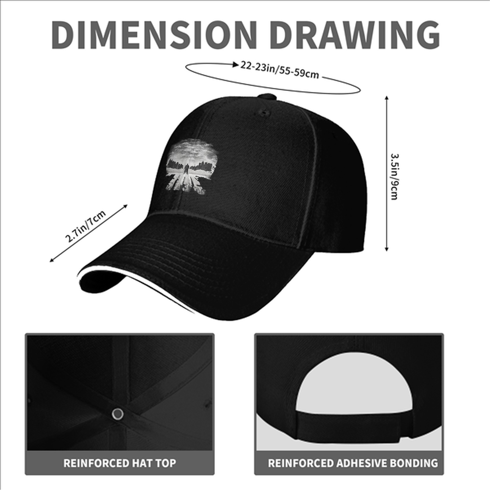 Black baseball cap with Punisher skull cityscape graphic