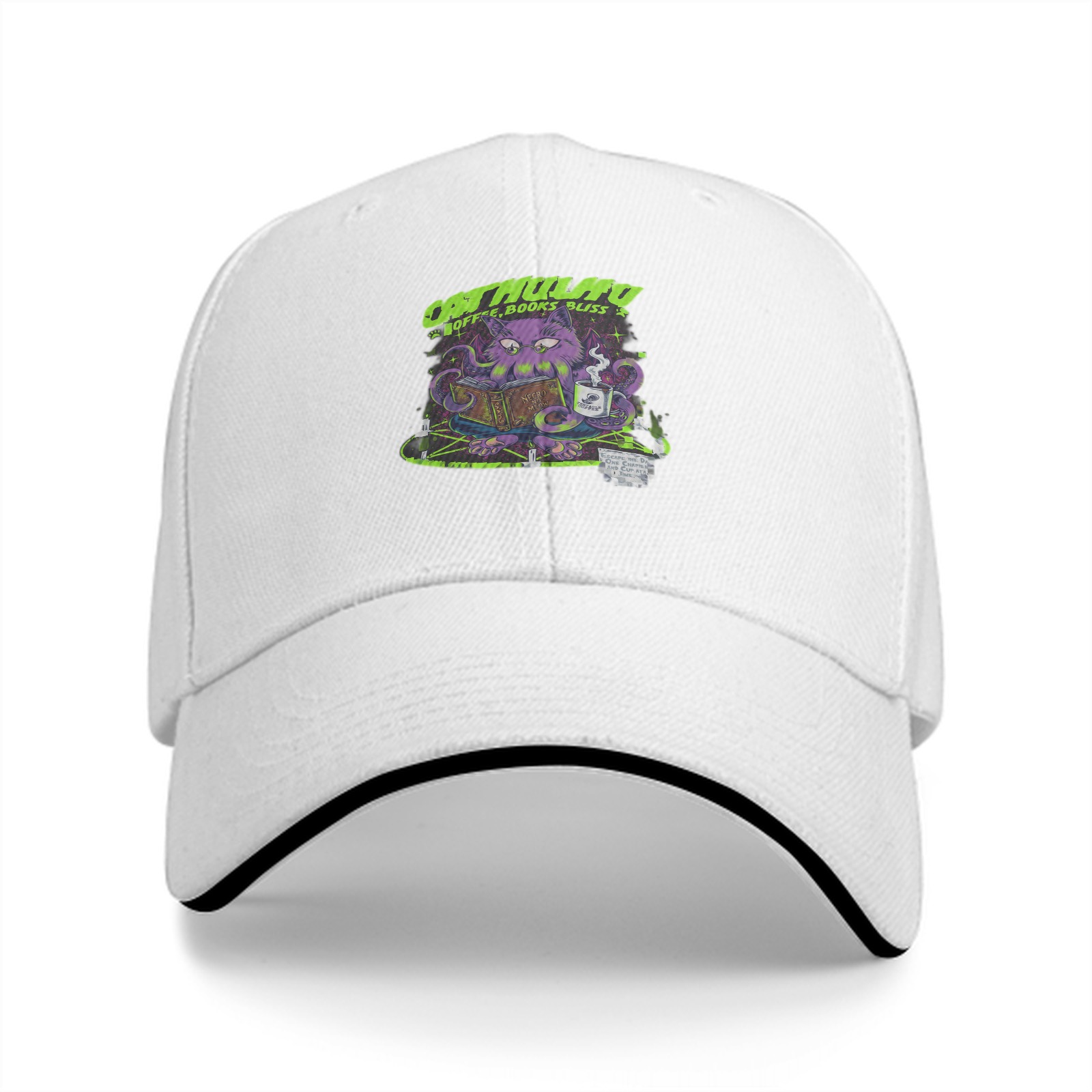 Black baseball cap with Cathulhu coffee and books graphic